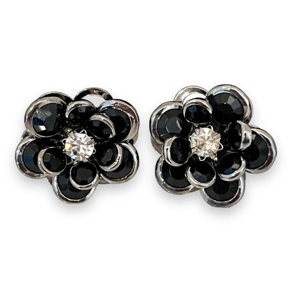 Vintage 1980s Earrings Black Clear Crystal Floral Stud Silver Tone - 3B